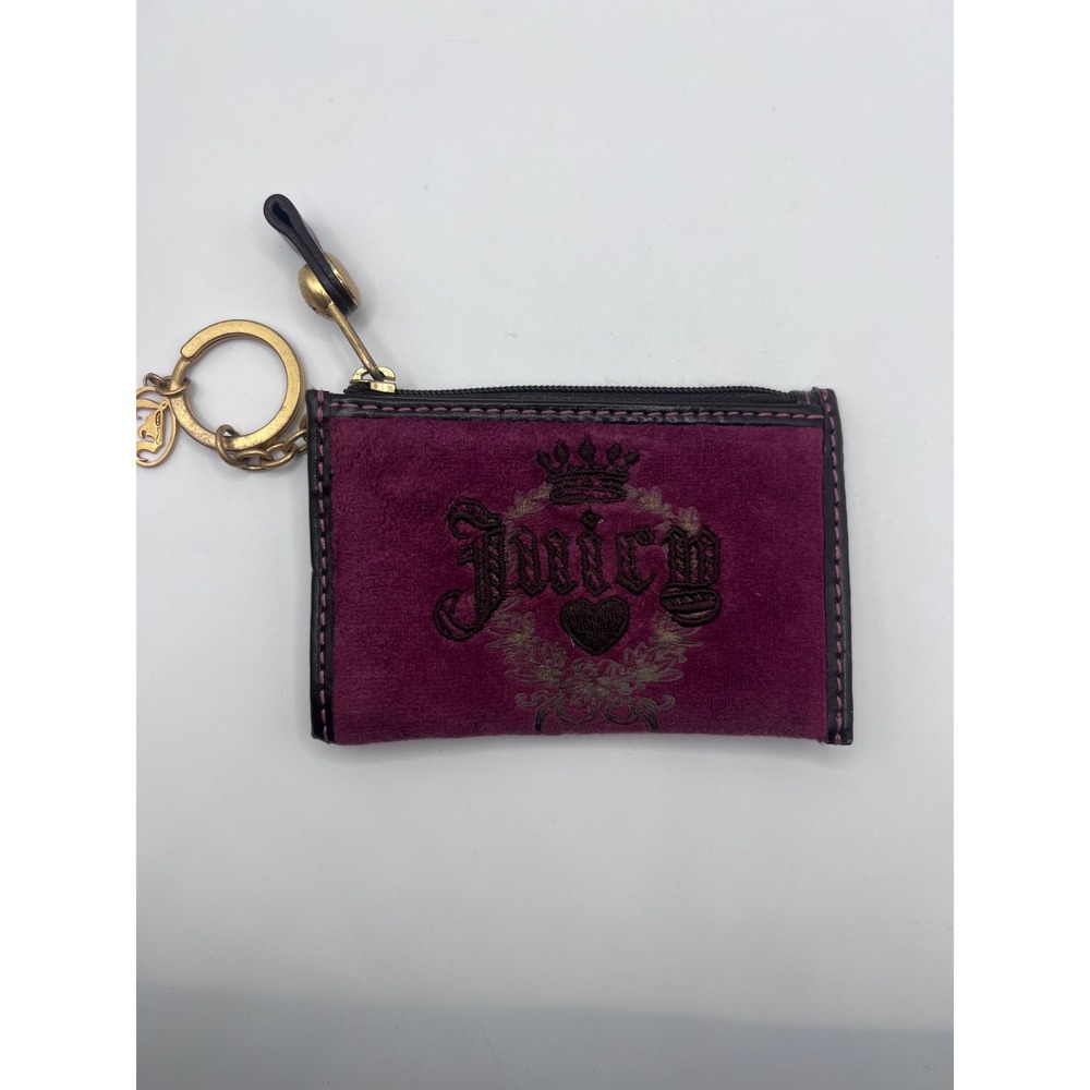Juicy Couture Burgundy Velour Embroidered Zip Card Holder Keychain Y2K Accessory